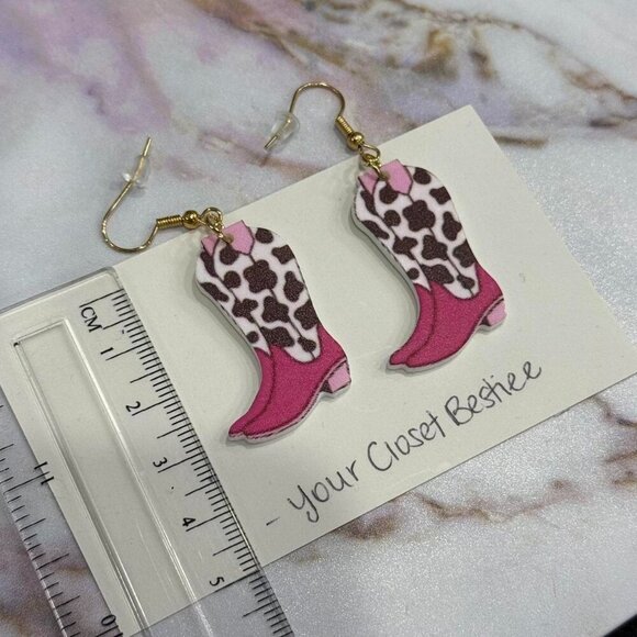 Other Jewelry - Pink and black cow print cowboy boot earrings - NEW handmade acrylic 2D earrings